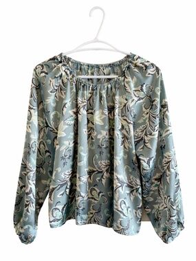 LOFT Sage & Mint Green Vine Satin Shirred Blouse – Size Medium Petite EUC
